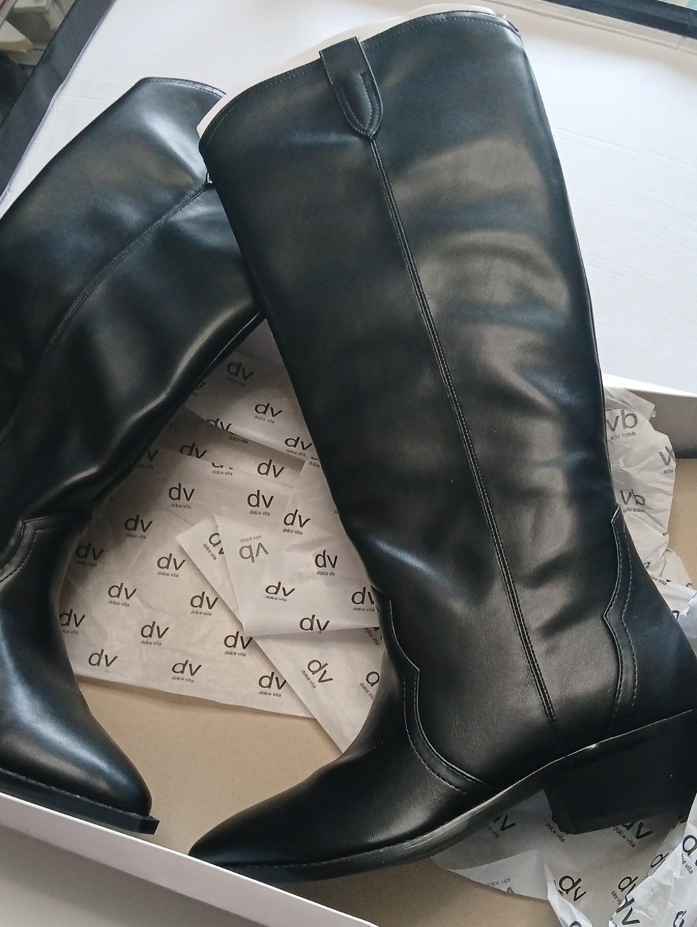 DV by Dolce Vita Black Knee-High Leather Boots with Block Heel